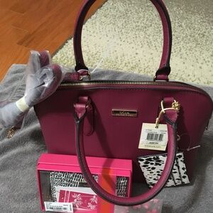 Trina Turk Handbag Wine-colored with Black and white wallet Set 4 pc. total